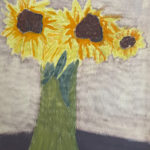 A painting of sunflowers in a vase.