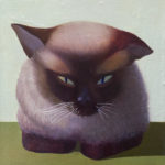 An oil painting of a Siamese cat sits facing the viewer with it paws folded on a green table top. Beyond there is a grey wall background.