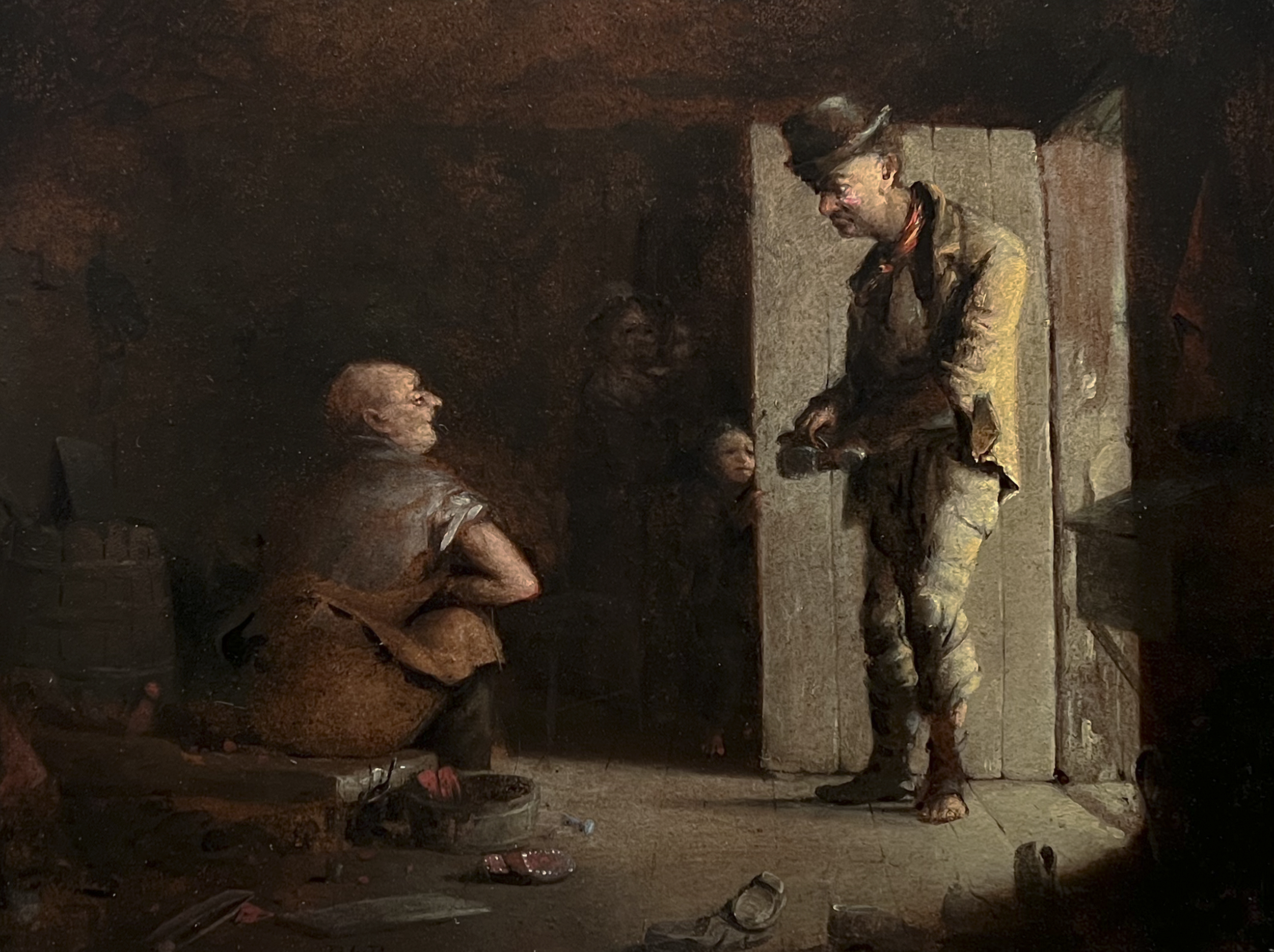 Visit A painting called The Cobbler’s Shop. Image of a man in doorway, another man sitting.