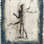 A male dancer, naked except for a loin cloth, is shown simultaneously from the front and back with four arms and five legs. The primary frontal figure is pierced with pin-holes. A blue watercolor border outlines the composition and the figure is framed by a square outline and hold a thin round wire in his hands.