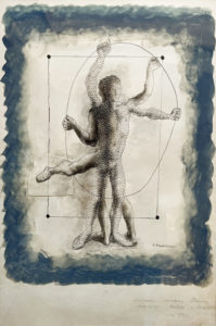 A male dancer, naked except for a loin cloth, is shown simultaneously from the front and back with four arms and five legs. The primary frontal figure is pierced with pin-holes. A blue watercolor border outlines the composition and the figure is framed by a square outline and hold a thin round wire in his hands.
