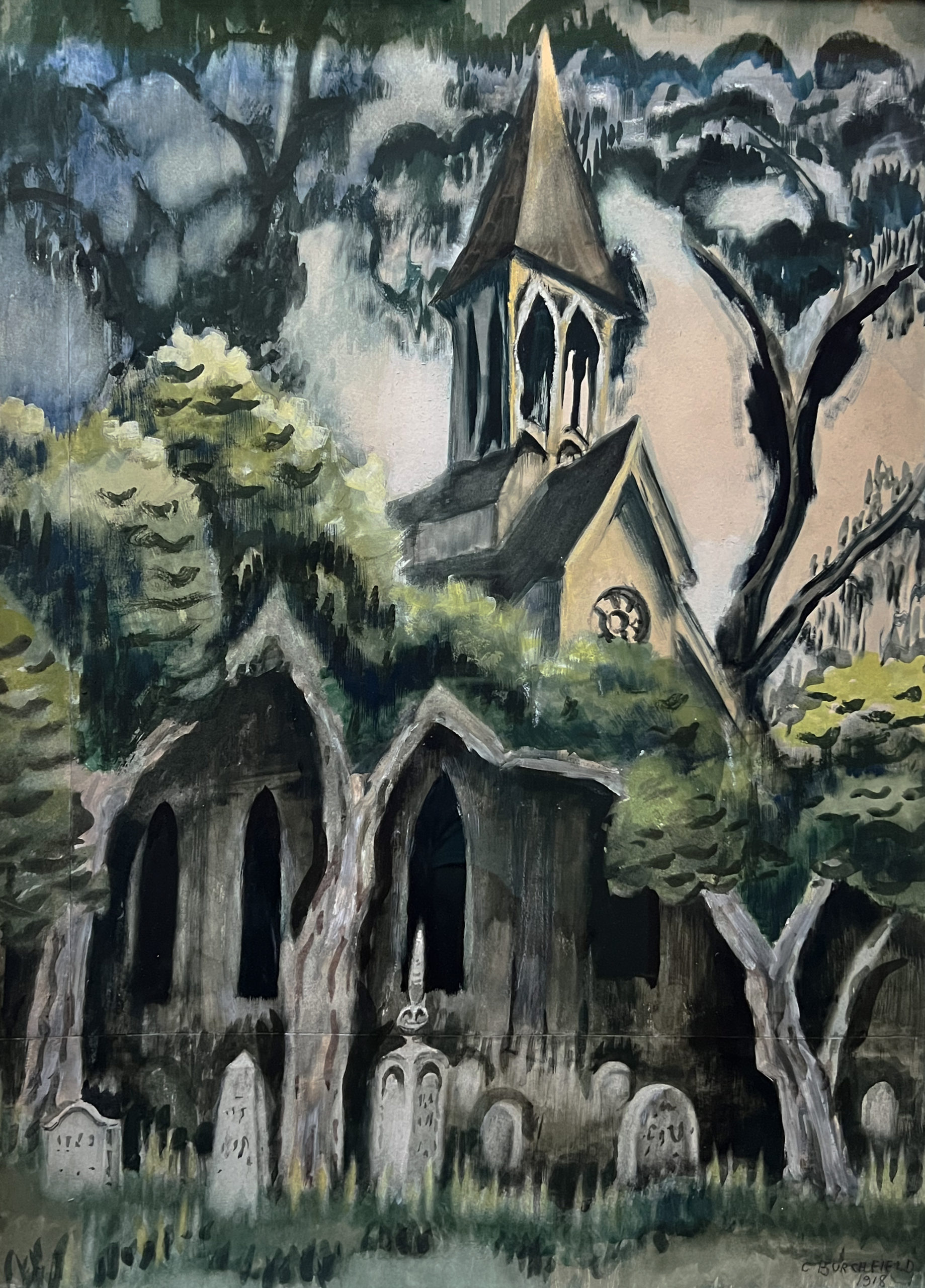 Visit A Gothic style church sits in the middle of the composition with three large windows. It is surrounded by gnarled green trees. In the foreground is a graveyard with tombstones