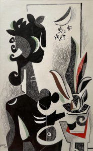 The figure of a woman, possibly African, drawn in shades of black and grey is seen next to a potted plan which has red coloring in its leaves and in the pot which sits on the small stand on the right. Behind her there appears to be an open window showing the moon and some stars