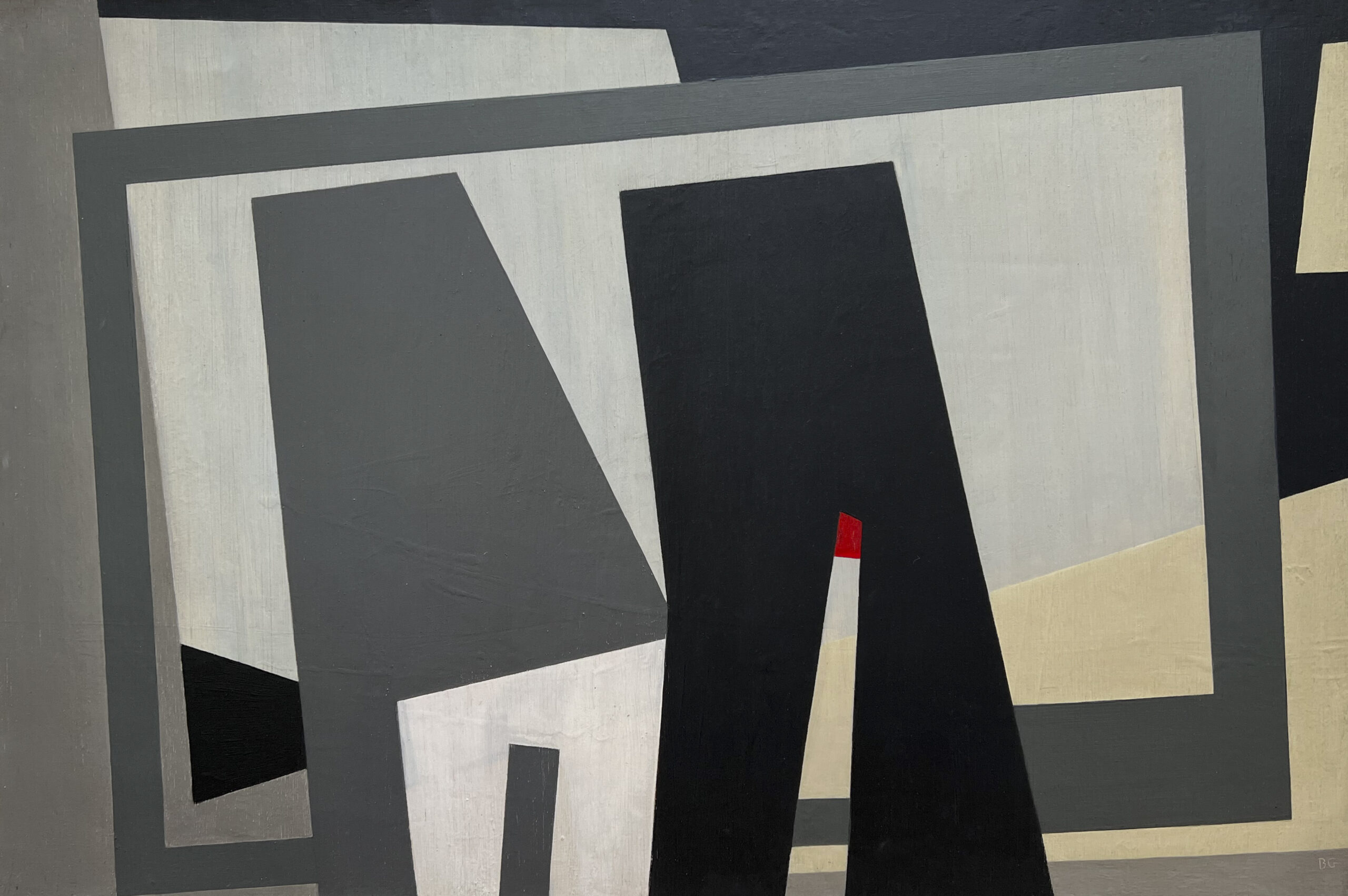 Visit Greene - Two grey and black vertical forms are set against a light grey and tan background framed in darker grey outlines. A small spot of red sits inside the form on the right.