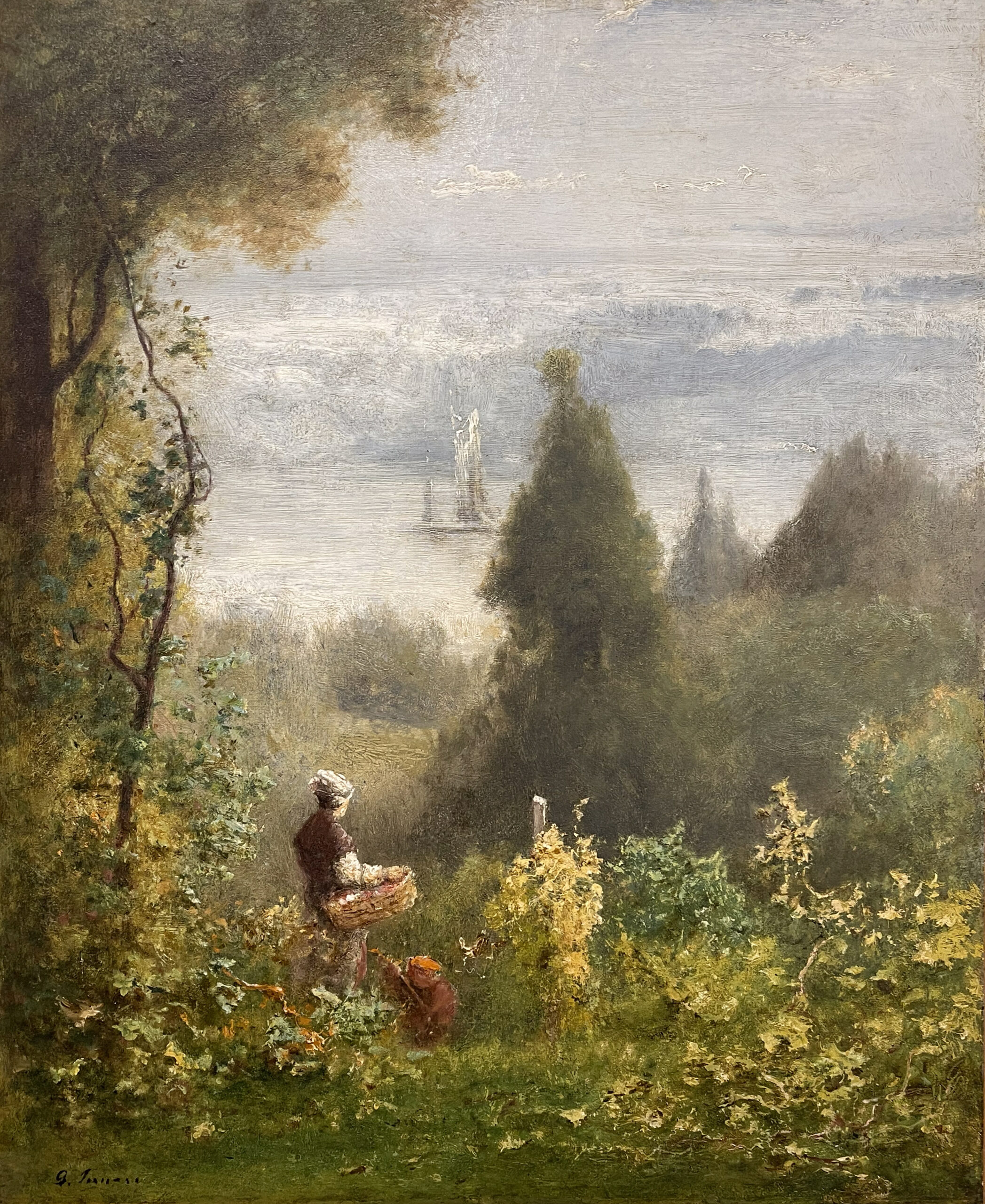 Visit Hastings, A lady holding a basket dressed in a white blouse and black shawl stands in a hill that slopes down to the Hudson River. She is surrounded by green trees and shrubs in summer foliage. In the distance a sailboat can be seen on the river with a grey-blue sky and clouds behind.