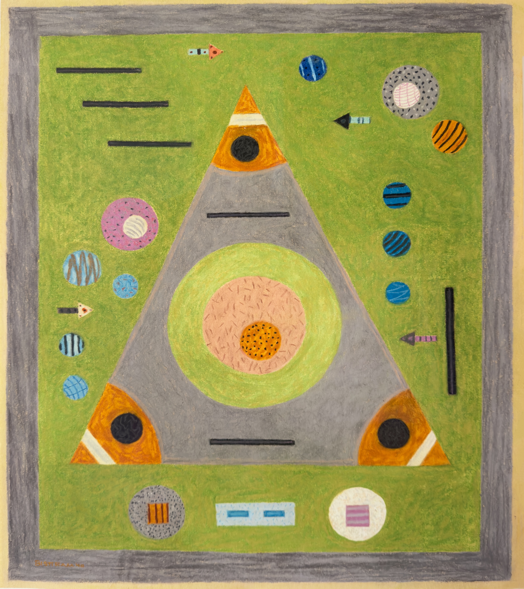 Visit A grey border surrounds a green field in the center of which is a grey triangle with three superimposed circles of green, orange, a red. At the end of the triangles three points are red triangles with black circles and a white stripe. Small circles and black lines are scattered throughout the green field.