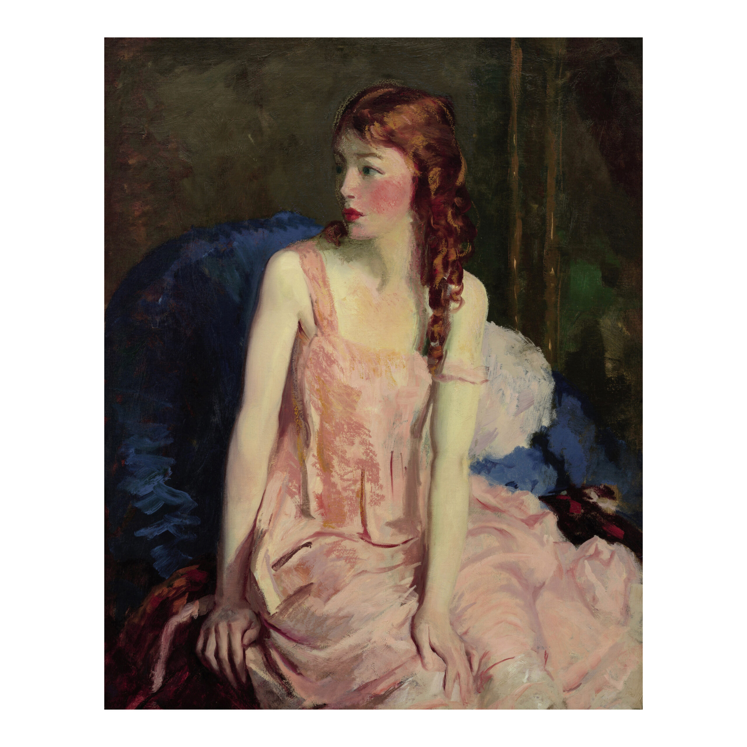 Visit Henri - A young girl with red hair and a pink dress with shoulder straps sits on a blue chair and looks to her right.