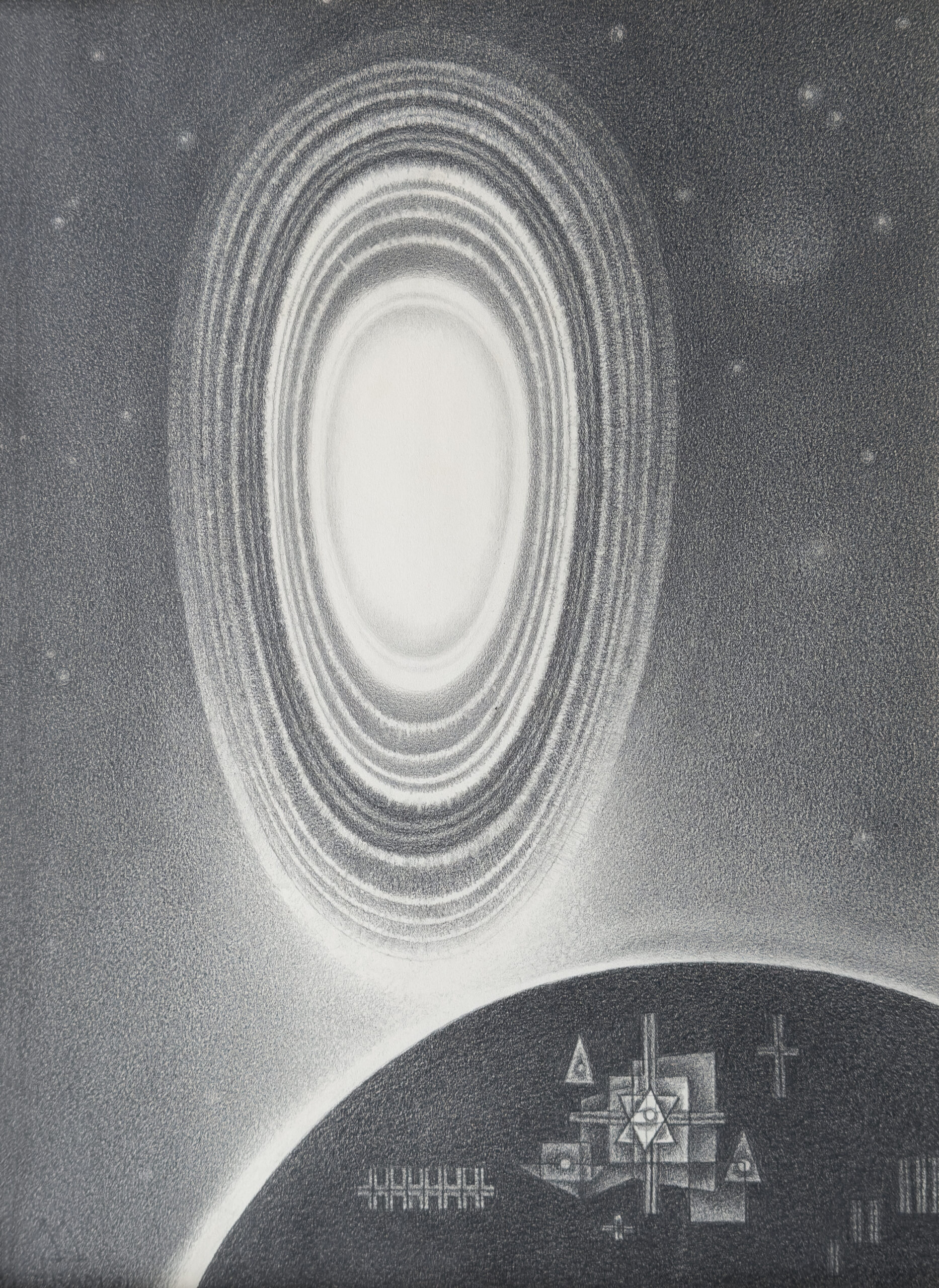 Visit A graphite drawing on paper of a large oval form made from narrow bands floating on a starry sky. In the right foreground there is the top quarter of an earth-like sphere with Christian symbols in its center and a halo of white outlining it.