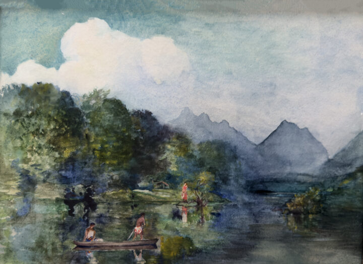 Visit detail page for art titled Entrance to the River of Tautira, Man in Canoe, Pink Cloud