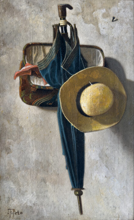 Visit detail page for art titled Still Life of Umbrella, Carpetbag and Hat