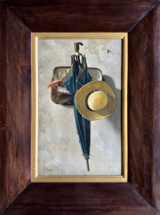 View larger image of artwork titled Still Life of Umbrella, Carpetbag and Hat with Frame